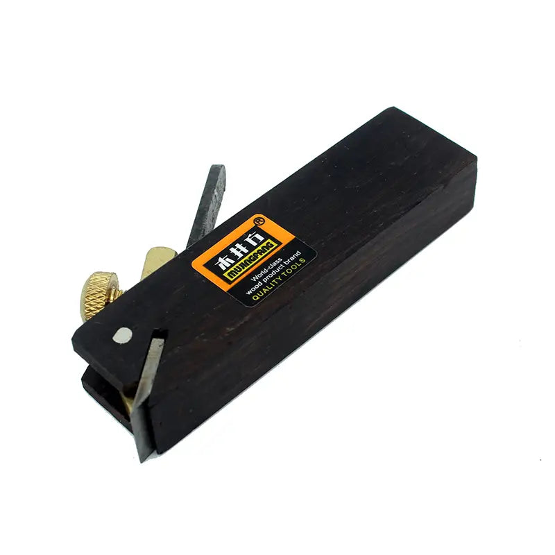 Black wooden hand plane with brass adjustment knob metal blade and branded label from wood hand planes set ebony woodworking tools.