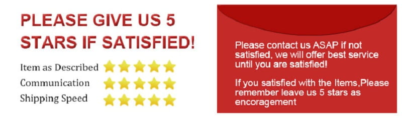 red envelope with white text urging customers to leave a 5-star rating for led easter birch tree with hanging ornaments product page