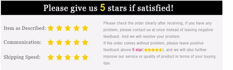 five-star customer service rating prompt with yellow stars on a black banner for silver evil eye charm necklace with cz crystal jewelry