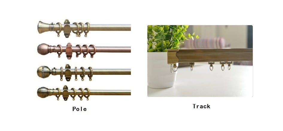 The image shows four curtain pole options with decorative finials in gold, rose gold, and antique brass finishes designed for embroidered living room curtains for french window types.