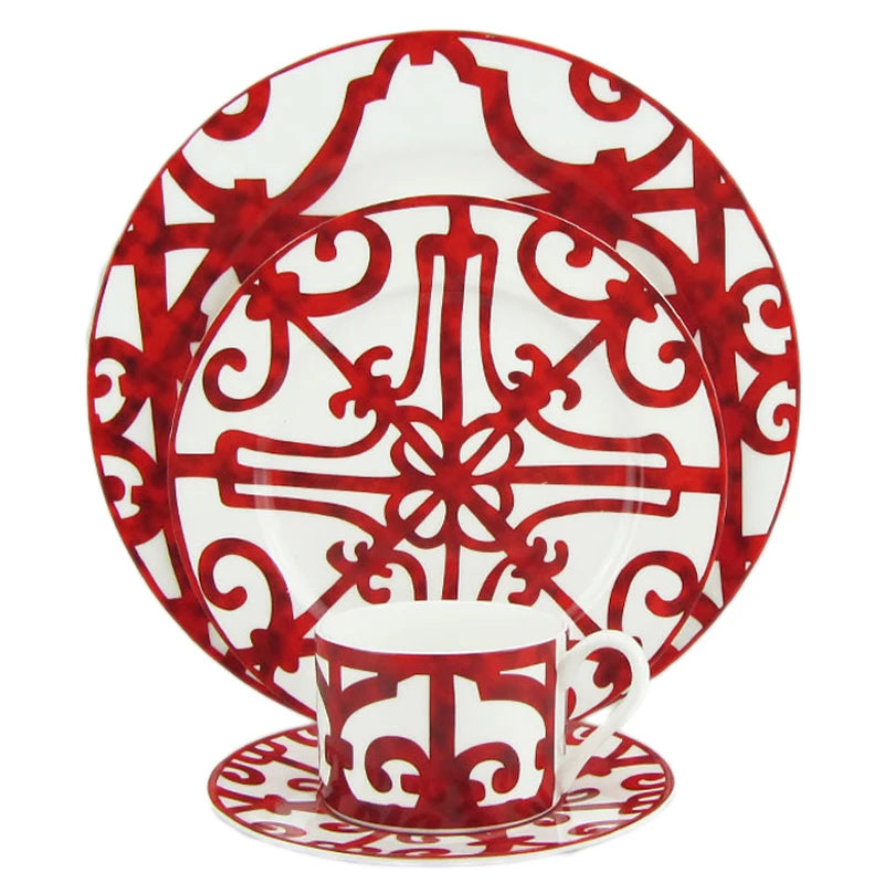 Ceramic Steak Plate Set, Coffee Cup and Saucer Bone China Dinnerware, Western Food Tray, Red Pattern Dishes, Afternoon Tea Cup