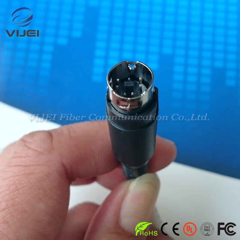 Black and silver fiber optic battery charger cable with a metallic circular head featuring multiple pins adapted for optical fiber fusion in Fujikura fusion splicer use.