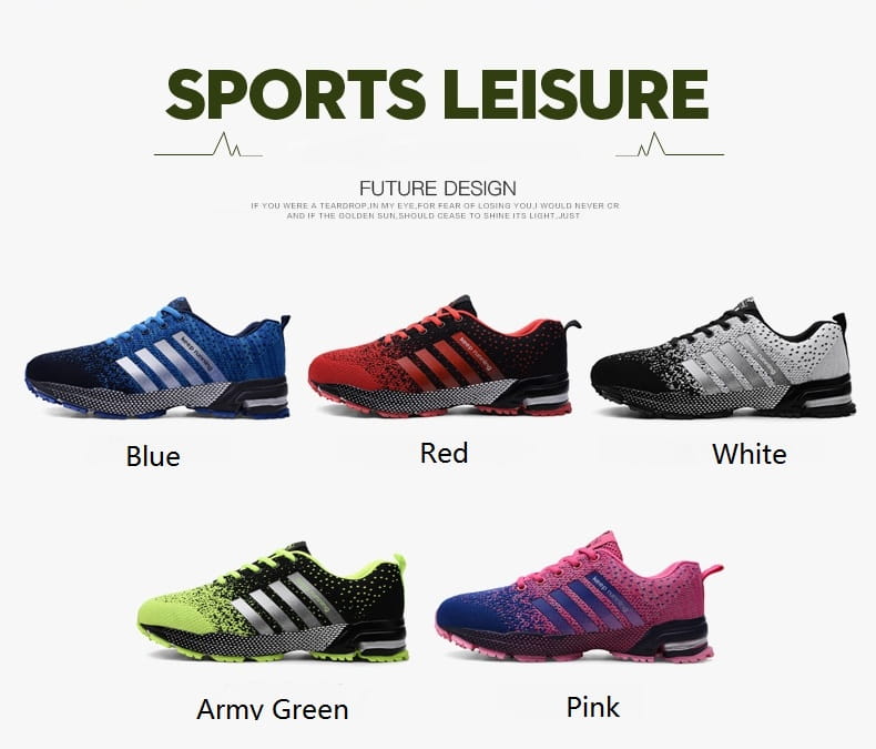 Chaussures de running pour hommes Covadis en maille respirante en bleu, rouge, blanc, vert armée et rose, avec des dessus en maille respirante et des détails caractéristiques à trois bandes.