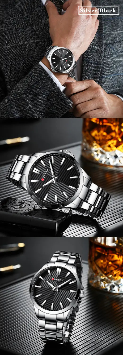 Montre pour homme Curren en or rose, quartz, avec acier inoxydable à la teinte argent et cadran noir, avec bracelet en acier inoxydable et cadran texturé.