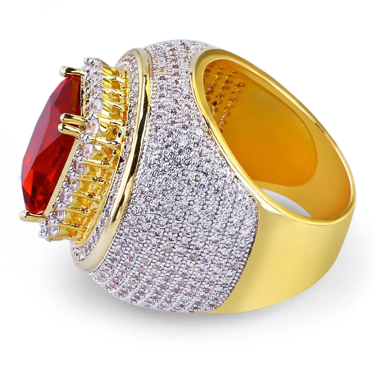Ruby cz gold filled statement ring featuring a gold-toned ice ring design with a prominent red gemstone in an ornate bezel surrounded by a pavé of clear cubic zirconia stones.