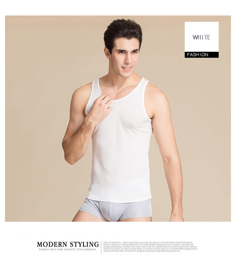 white sleeveless men silk blend tank top with a simple modern design for casual wear