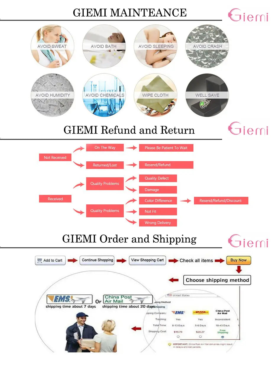 Diagrama del conjunto de joyas de perlas de plata esterlina Giemi, que presenta instrucciones de cuidado del producto y envío para una manipulación y mantenimiento seguros.