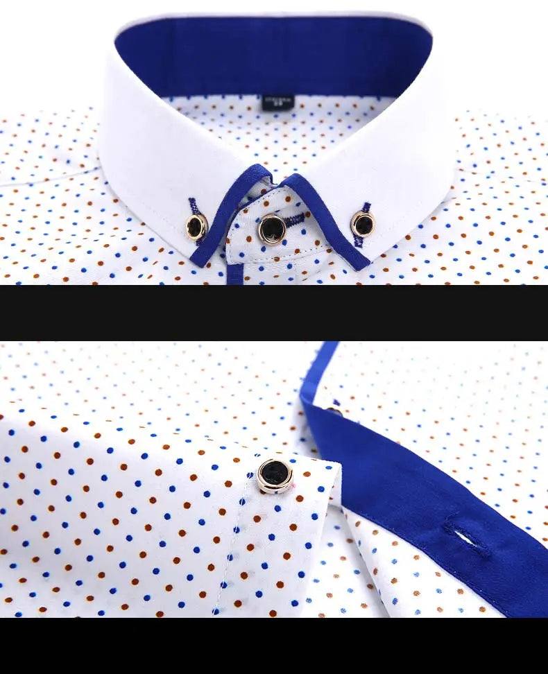 Men floral dress shirt slim fit long sleeve casual white button-down shirt with blue inner collar and cuffs and subtle brown and blue polka dot pattern.