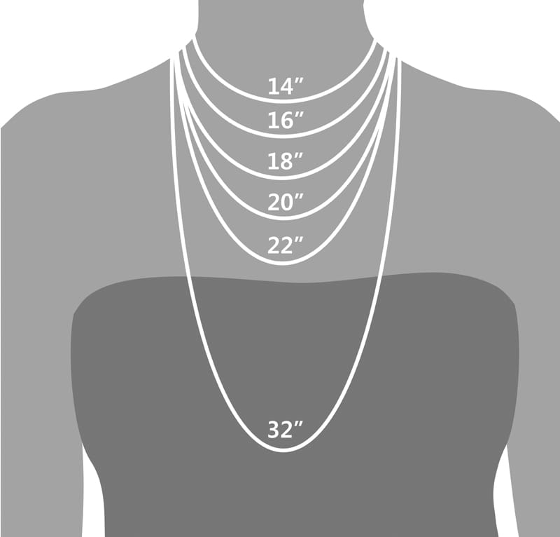 Silver-toned evil eye charm necklaces with cz crystal accents in varying lengths from 14 to 32 inches displayed on a stylized human silhouette.