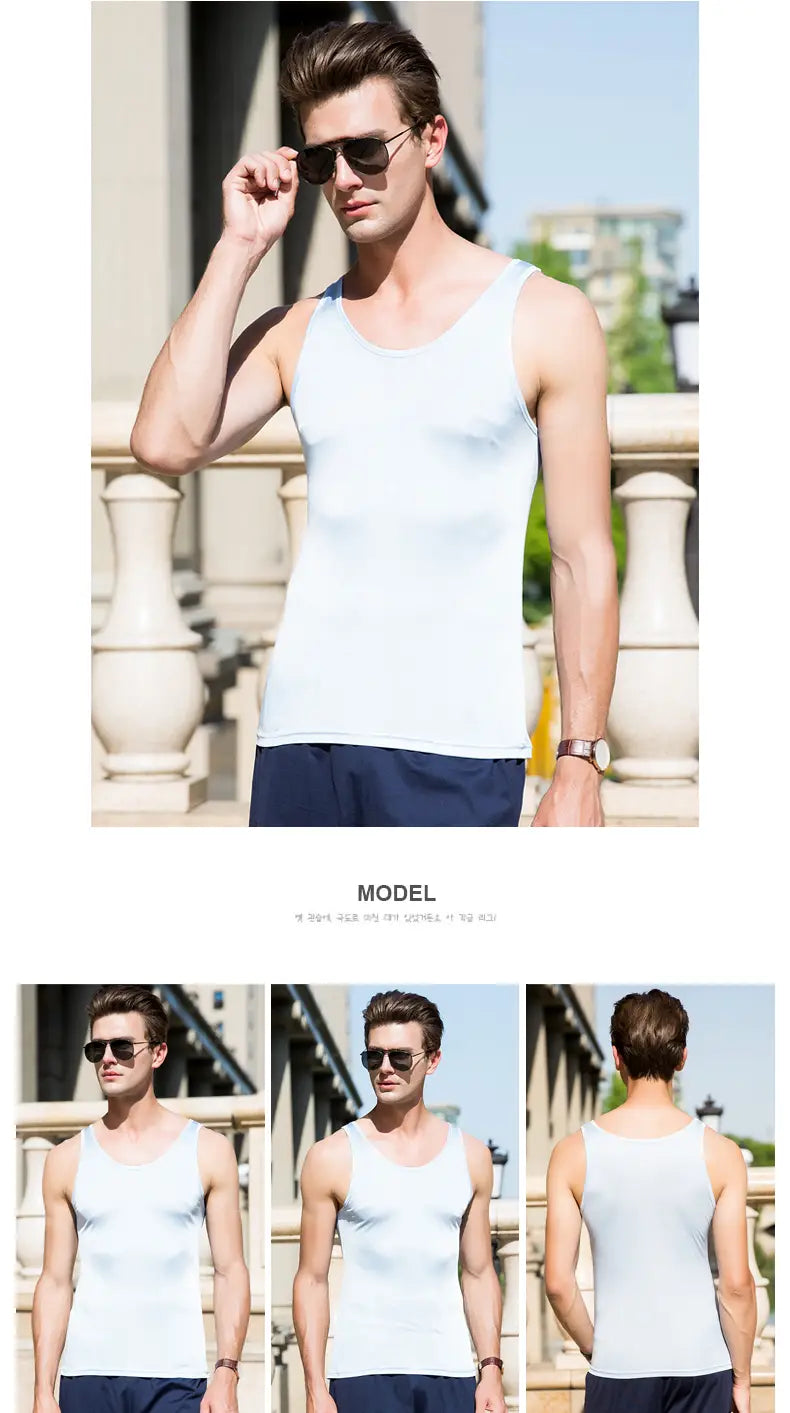 Men silk blend white sleeveless tank top designed as a casual o neck vest.