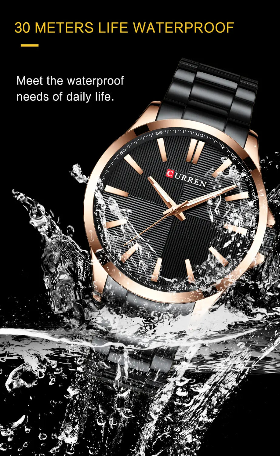 Montre pour homme Curren en or rose, quartz, avec cadran noir et boîtier en or rose, et bracelet en acier inoxydable élégant, conçue pour une lecture du temps avec style.