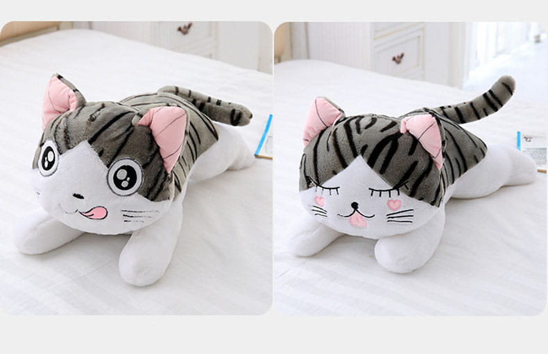 Cute gray and white striped cheese cat soft animal plush toy with pink inner ears and embroidered facial features designed as a soft animal doll.