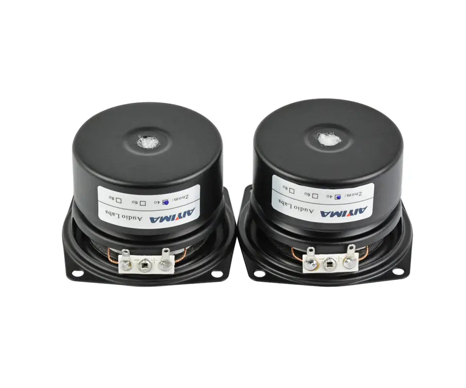 Aiyima 2.5 inch full range audio speakers pair featuring black cylindrical 2 inch speakers with silver terminal connectors and a matte finish.