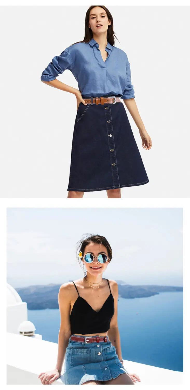 Falda de mezclilla azul con botones al frente y mangas remangadas, combinada con el cinturón de cuero para mujer Maikun, estilo moda de cinturón de piel de vaca para la cintura.
