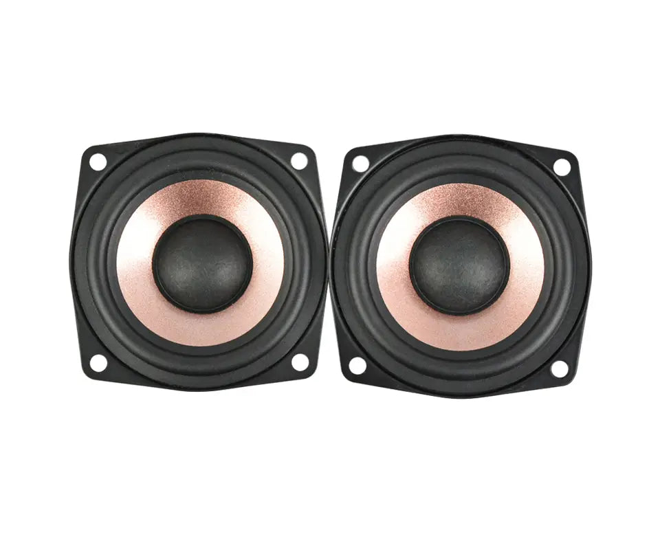 Aiyima 2.5 inch full range audio speakers pair in black with rose gold cones and central black dust caps.