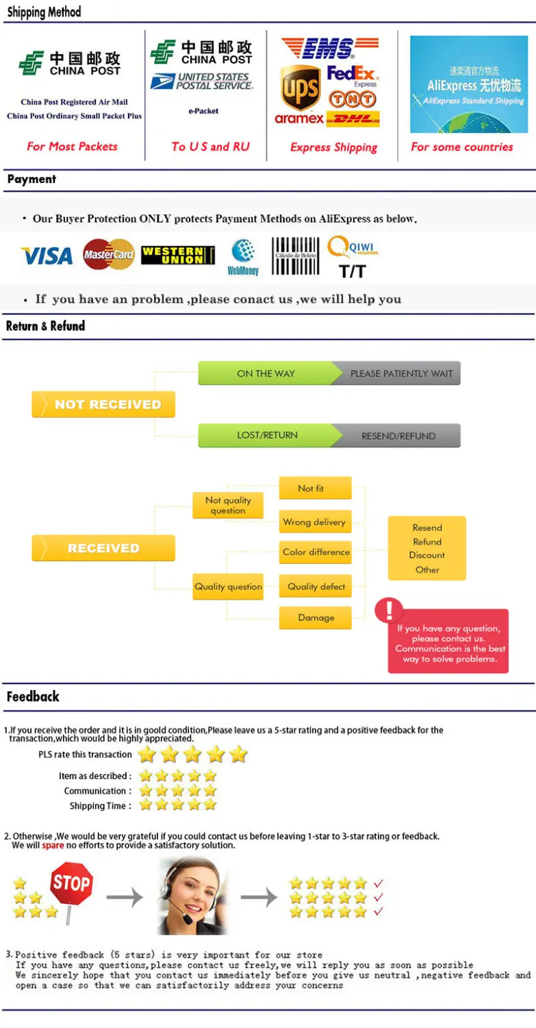 The image shows the back side of a 15w fast wireless car charger pad featuring shipping, payment, return, refund, and customer feedback instructions for an online store.