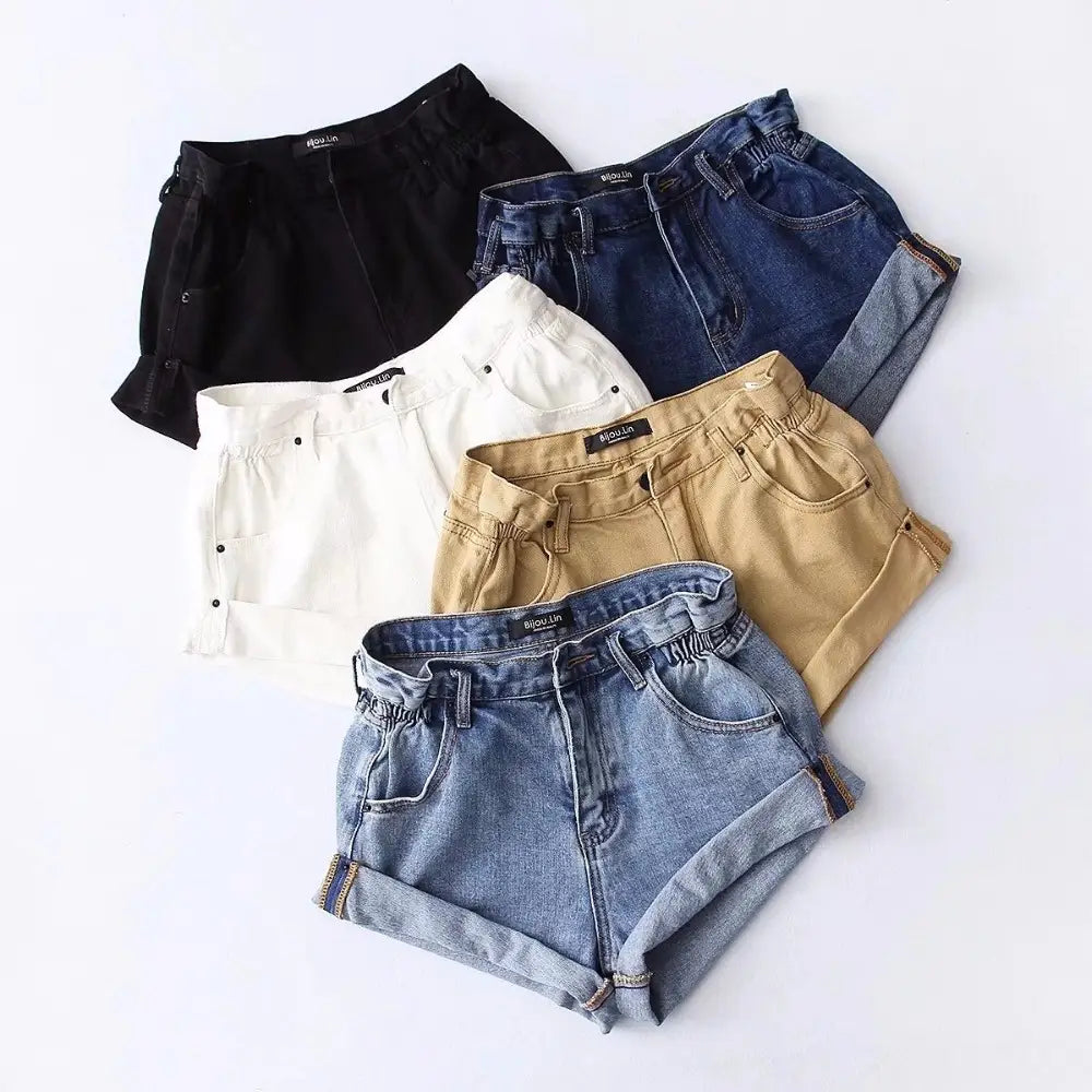 five pairs of high waist denim shorts for women in black white blue beige and light wash cotton with elastic waistbands and rolled cuffs perfect for casual wear available in various length inch-cm options and shipped within business days