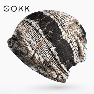 a black and beige camouflage-patterned ribbed knit floral beanie hat designed as unisex casual autumn headwear