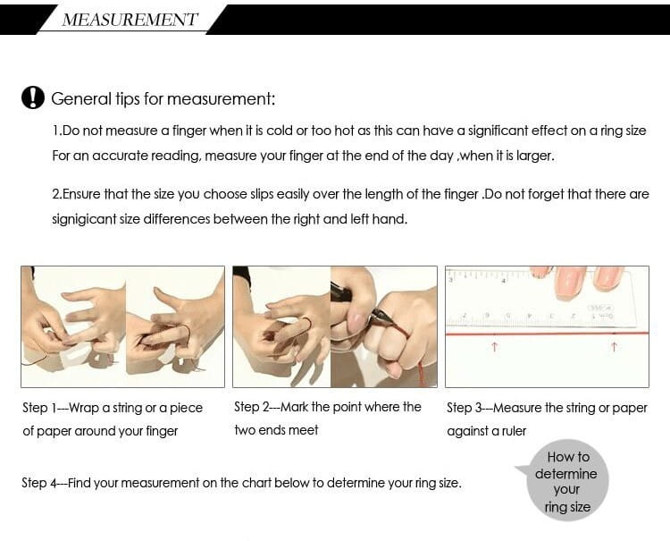 This image shows a guide for measuring finger size with step-by-step instructions and illustrations to determine the ring size for a black and white crystal statement flower ring.