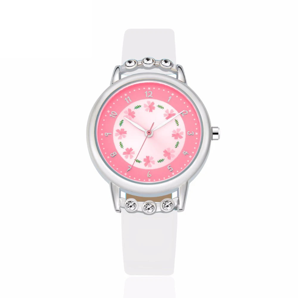 Children Kids Watches Casual Fashion Cute Flowers Students Watch Life Waterproof PU Leather Strap Quartz Wrist Watch For Girl