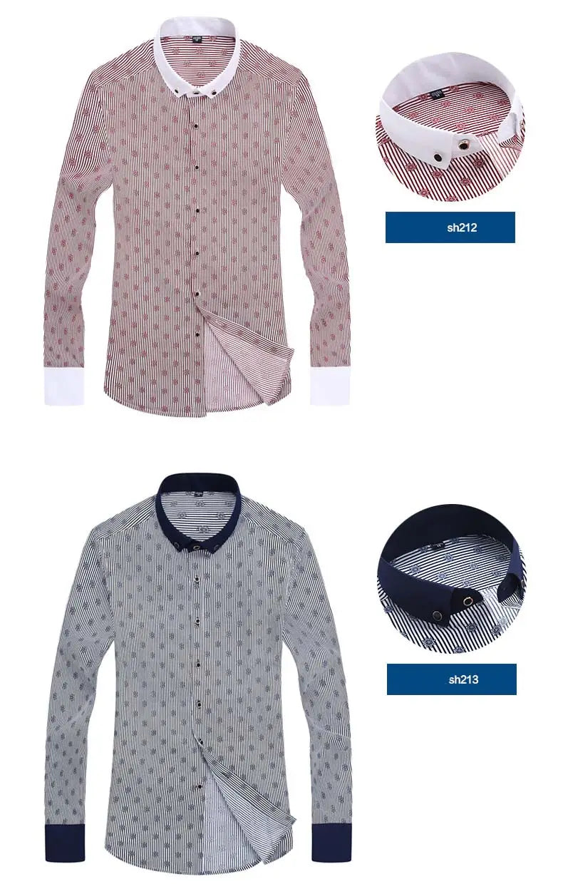 men floral dress shirt slim fit long sleeve casual with subtle striped pattern and contrasting collar available in soft pinkish red with white accents and gray blue with navy trim