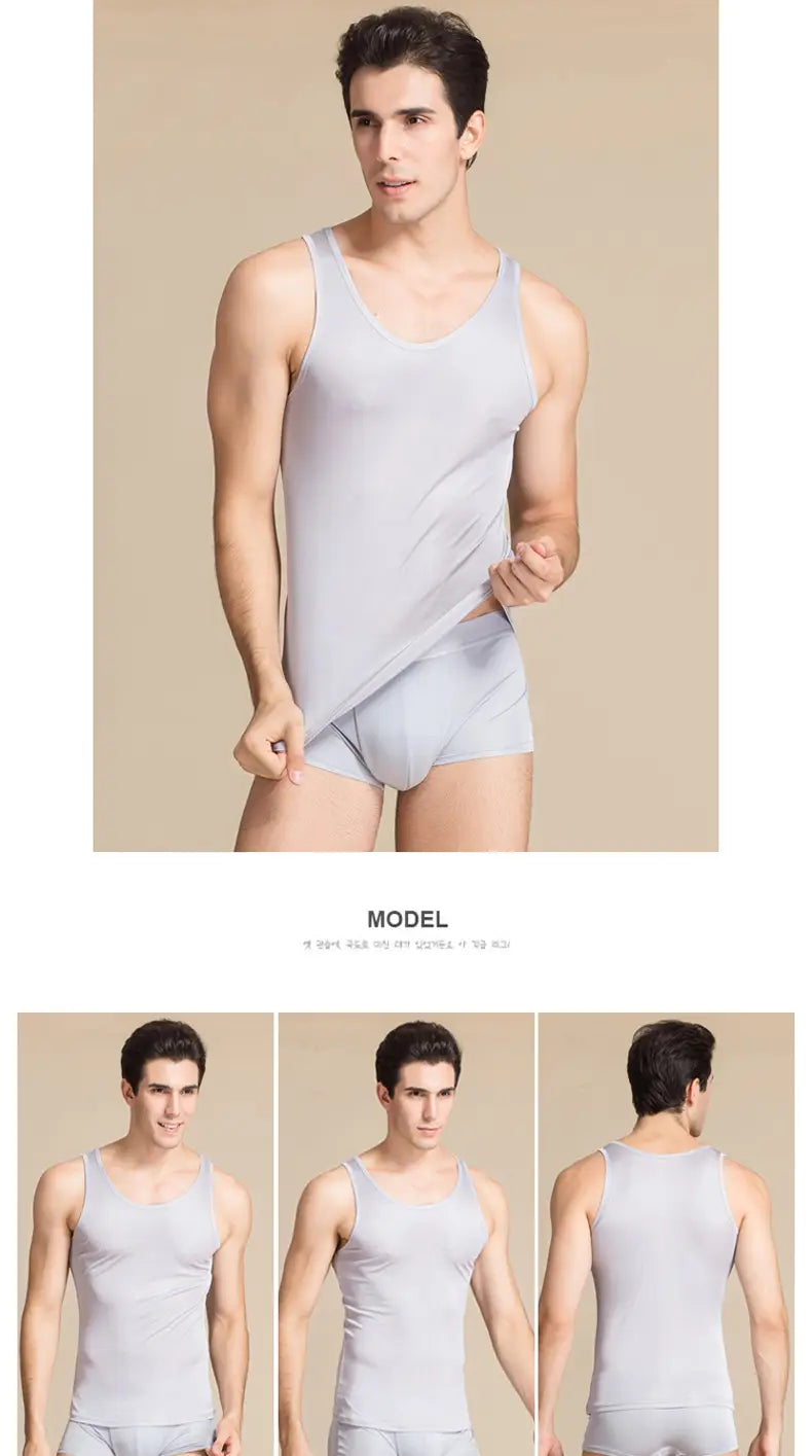 Men silk blend tank top in light gray featuring a form-fitting design with a v-neckline and thin straps for casual wear.