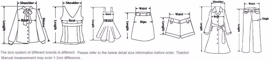 The image displays five women’s clothing items including a solid short sleeve crop top casual t-shirt, a button blouse with a bow neckline, a sleeveless pleated top, a flared skirt, shorts with belt loops, and a long coat.