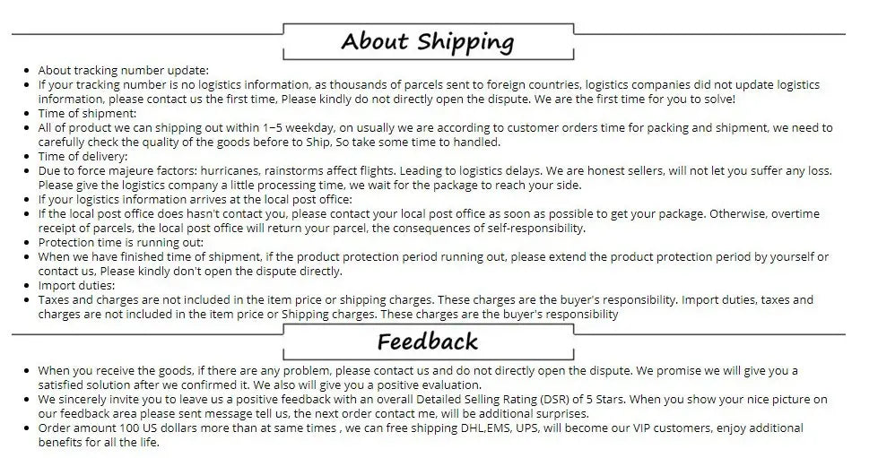 The image shows a shipping and feedback information page for the electronic hand brake switch for Tucson 2016 2017 with detailed delivery timelines customer service policies and satisfaction survey instructions.