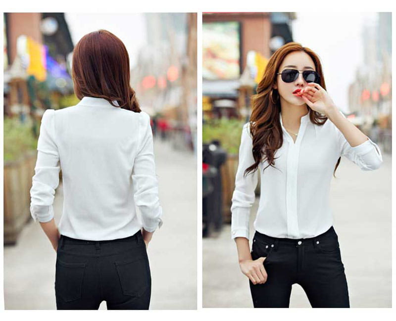 white button-up blouse with long sleeves and a classic collar shown as an alternative to the red v-neck chiffon office blouse to avoid negative feedback