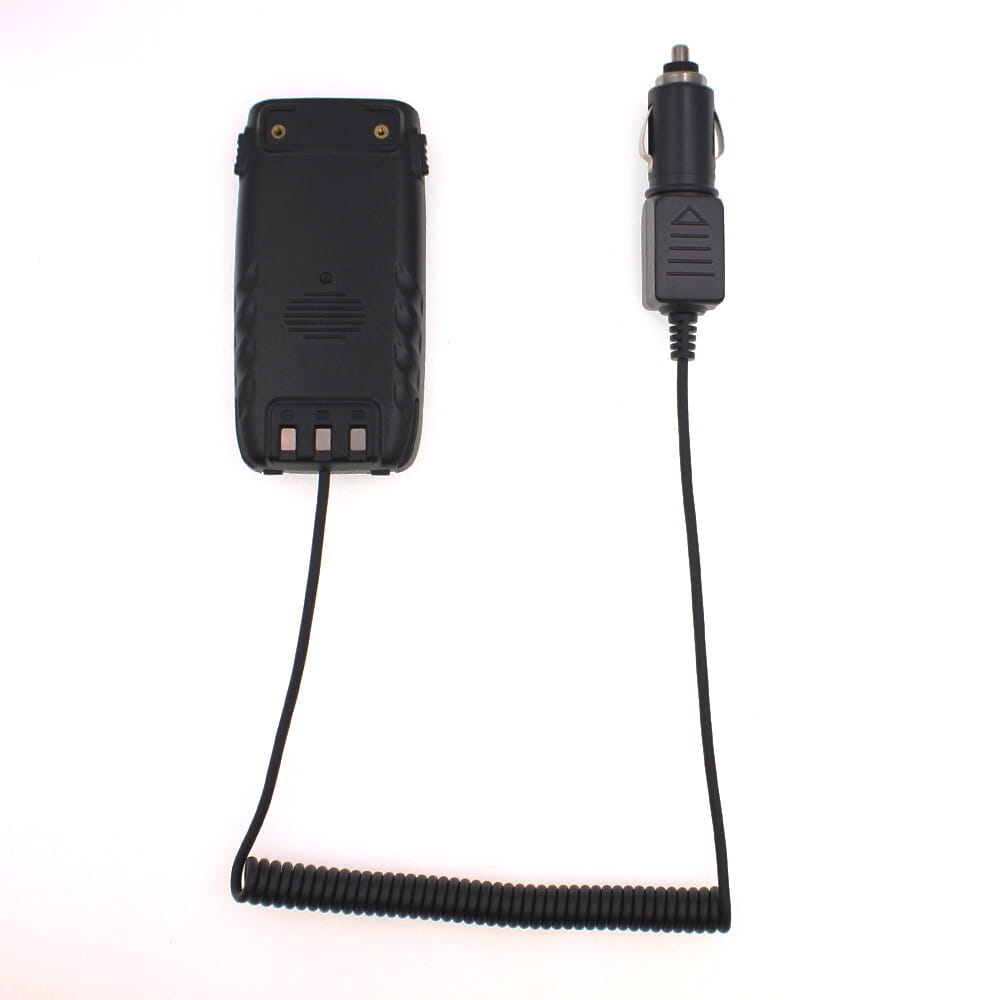 black coiled car charger cable connected to a black handheld two-way radio featuring a battery eliminator 12v for Qyt KT 8R walkie talkie for portable and powerful 12v use
