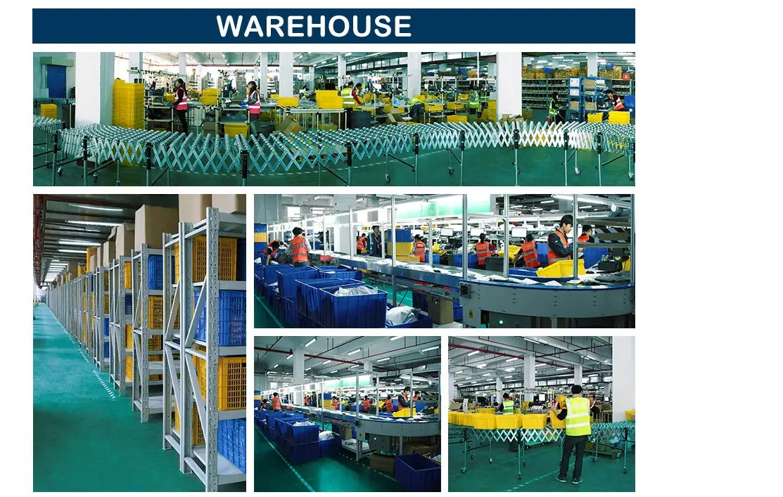 a collage of warehouse scenes featuring workers at assembly lines and storage racks illustrating the industrial environment for a rolling gym equipment storage cart with wheels used for organized and mobile fitness storage