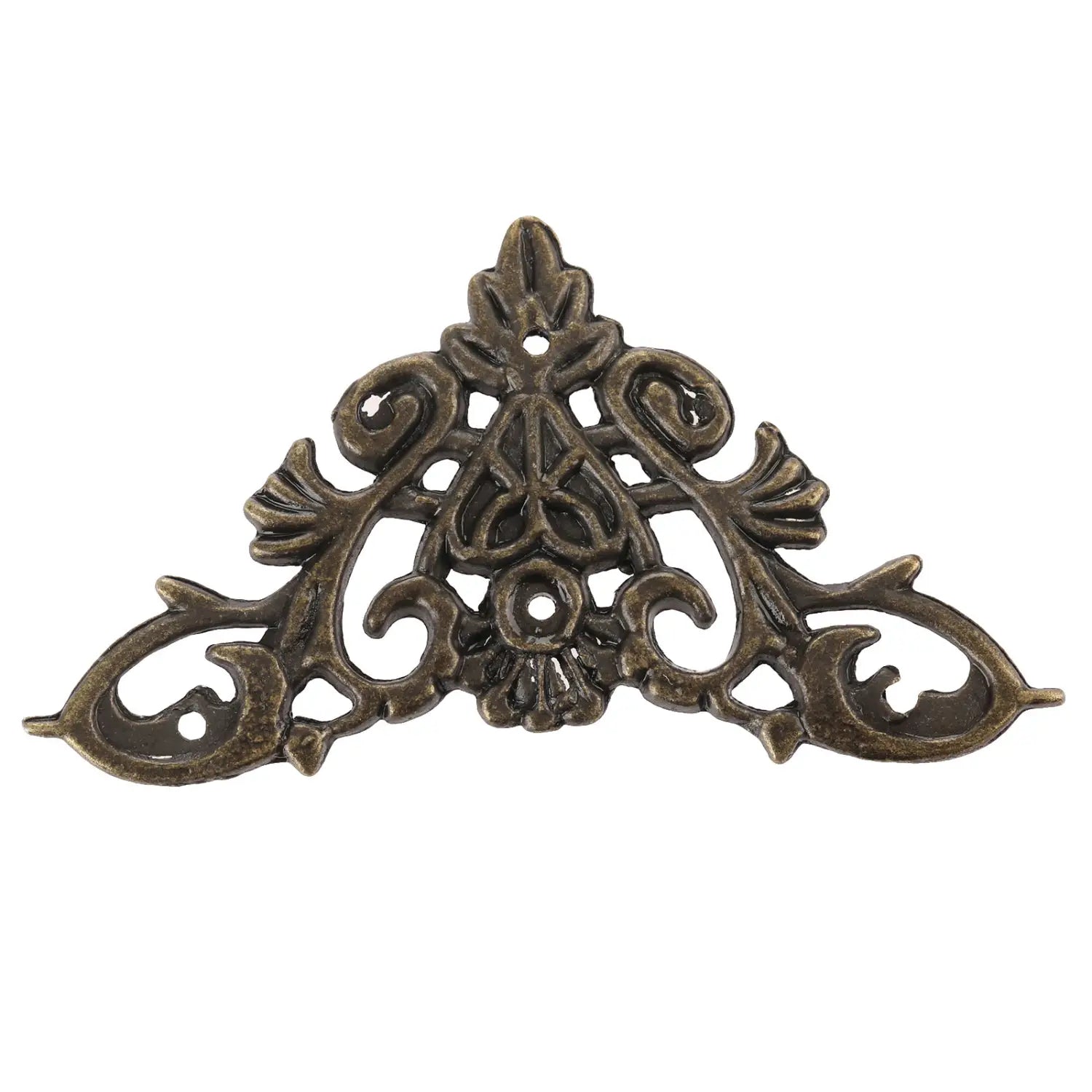 Antique bronze-colored zinc alloy corner protector with ornate floral and scrollwork metal trim for edge covering.