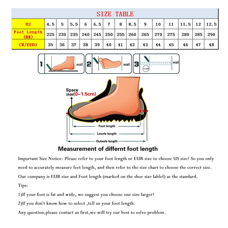 L’image présente un tableau des tailles pour les chaussures de running pour hommes Covadis en maille respirante, indiquant les tailles US avec les longueurs de pied correspondantes en millimètres et en équivalents cm/EUR.