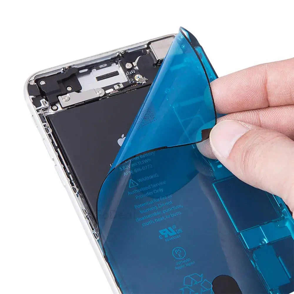 blue transparent protective film being peeled off an iphone battery showing screen adhesive strips for iphone pro max water and max water liquid waterproof seal replacement