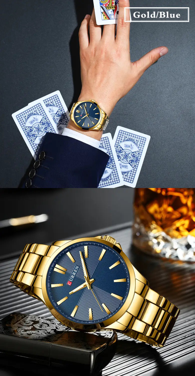 Montre pour homme Curren en or rose, quartz, en acier inoxydable à la teinte or, avec cadran bleu texturé et aiguilles à la teinte or.