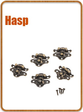 Antique brass-colored zinc alloy corner protector with classic hasp latch design and matching screws for edge protection in a 4-pack bronze floral set.