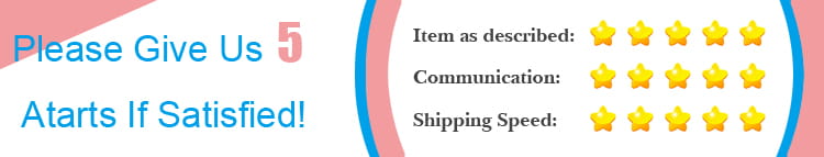 Gráfico de solicitud de valoración de cinco estrellas con texto azul sobre un fondo rosa y blanco para un producto de recuerdos abridores de botellas para bodas personalizados.