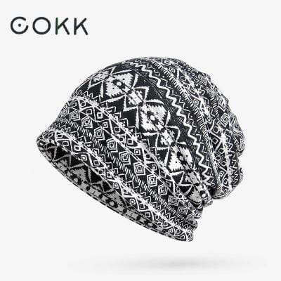 Floral knit beanie hat unisex casual autumn headwear featuring a black and white patterned knit with geometric tribal designs.