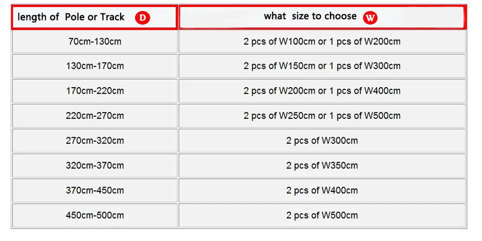 a red-bordered table displaying pole or track length options with corresponding size selections for purchasing embroidered living room curtains designed for french window types