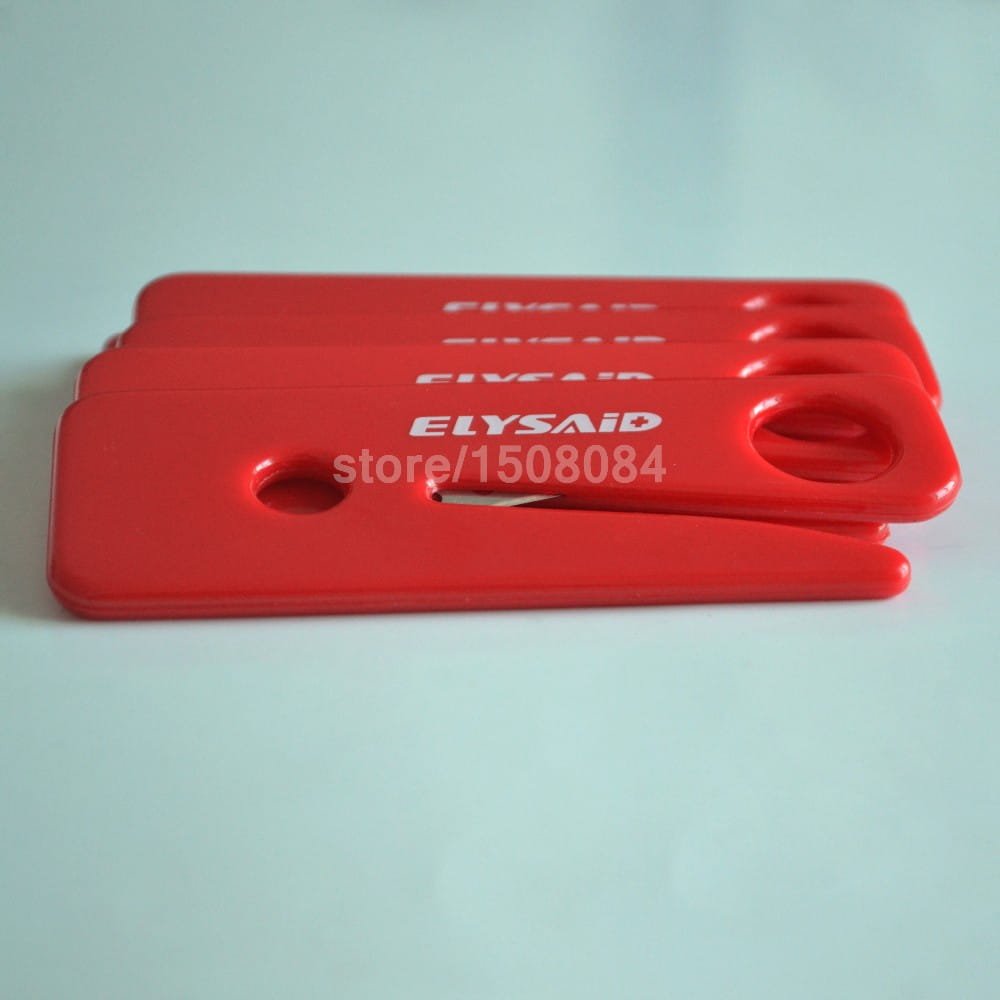 Red plastic elysaid brand multi-tool seat belt cutter with sleek rectangular design and two circular cutouts for easy handling emergency car window breaker.