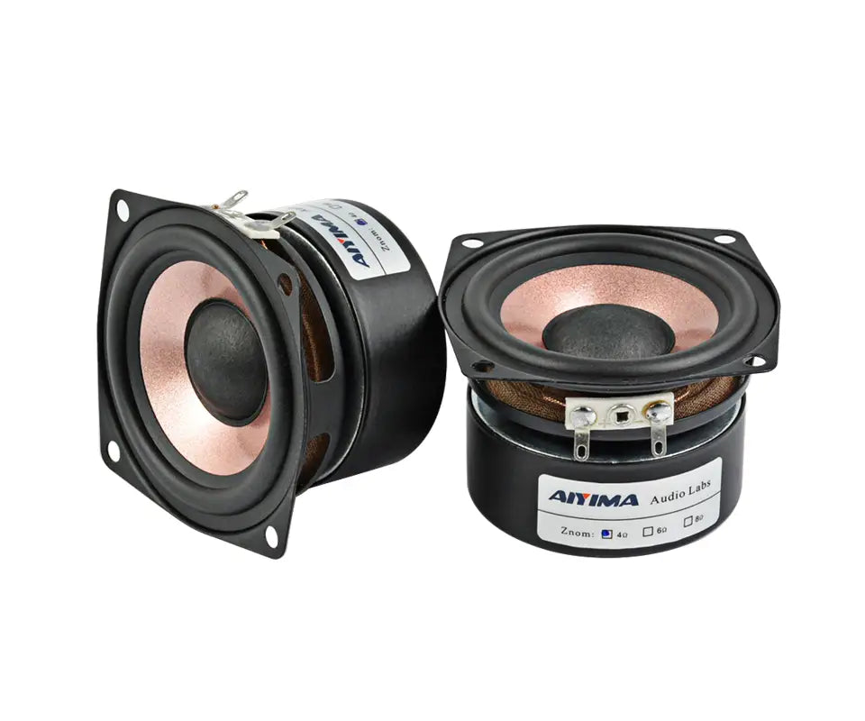 Aiyima 2.5 inch full range audio speakers pair featuring black aitima audio labs tweeters with copper colored cones and silver mounting brackets.