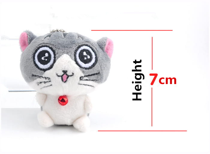 Plush cat keychain featuring a cute gray and white kitten with pink inner ears, black stitched eyes, a small red bell around its neck, and silver metal hardware for attaching to bags.