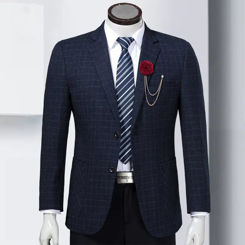 Dark blue checkered blazer with a subtle textured weave featuring classic notched lapels and two front buttons paired with a rose flower brooch tassel chain men suit pin.