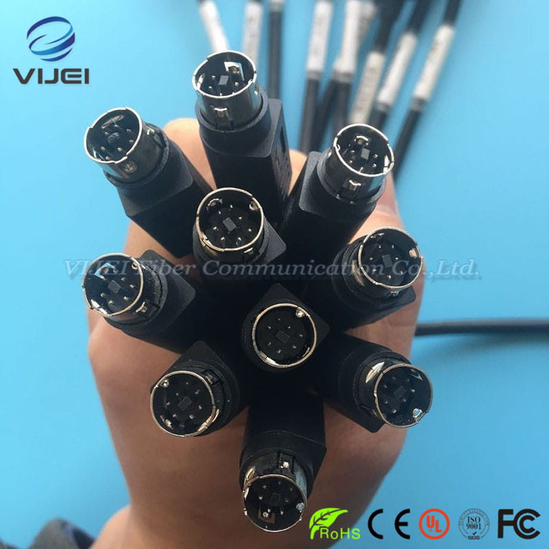 black vijei fiber optic connectors with metallic circular ends and hexagonal plastic housings on a battery charger cable adapted for optical fiber fusion used with a fujikura fusion splicer