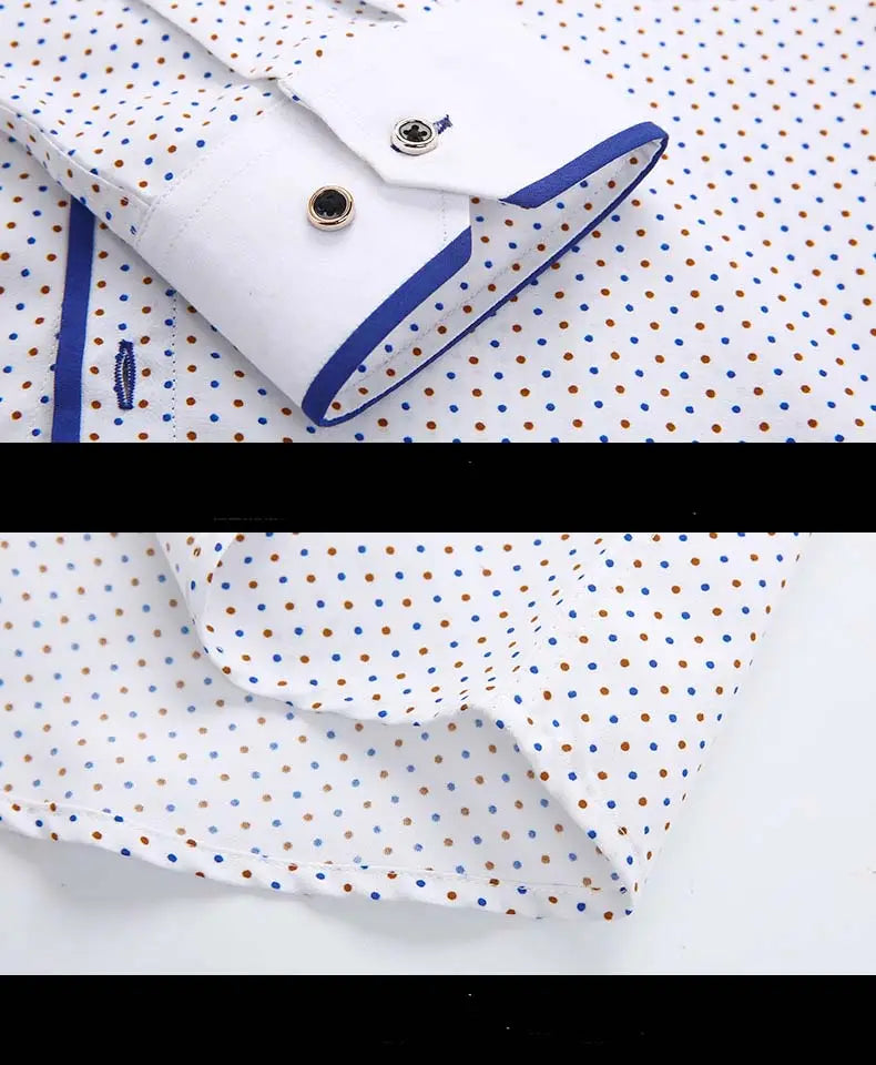 Men floral dress shirt slim fit long sleeve casual white dress shirt with a subtle pattern of blue and brown polka dots and crisp navy blue trim along the cuffs and collar.