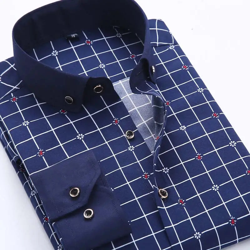 Navy blue slim fit men floral dress shirt with white grid pattern and small red floral accents long sleeve casual button-down shirt.