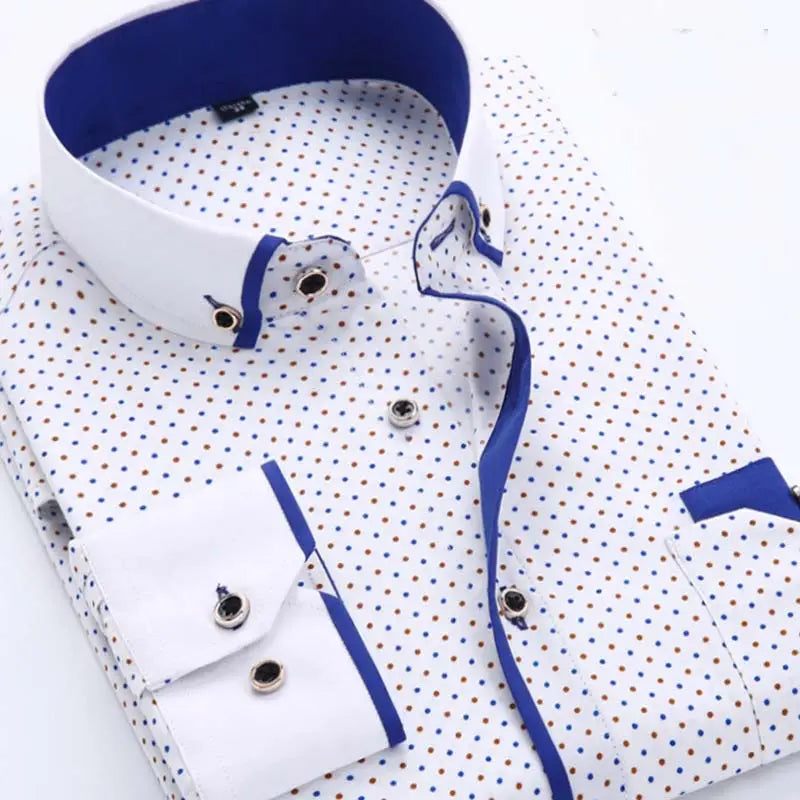 Men floral dress shirt slim fit long sleeve casual featuring a white fabric with blue and brown polka dots and contrasting royal blue collar lining and cuff trim.