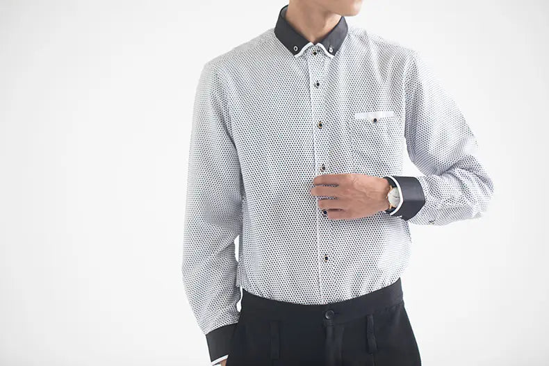 Men floral dress shirt slim fit long sleeve casual with a subtle white and black geometric dot pattern featuring contrasting black collar and cuffs.