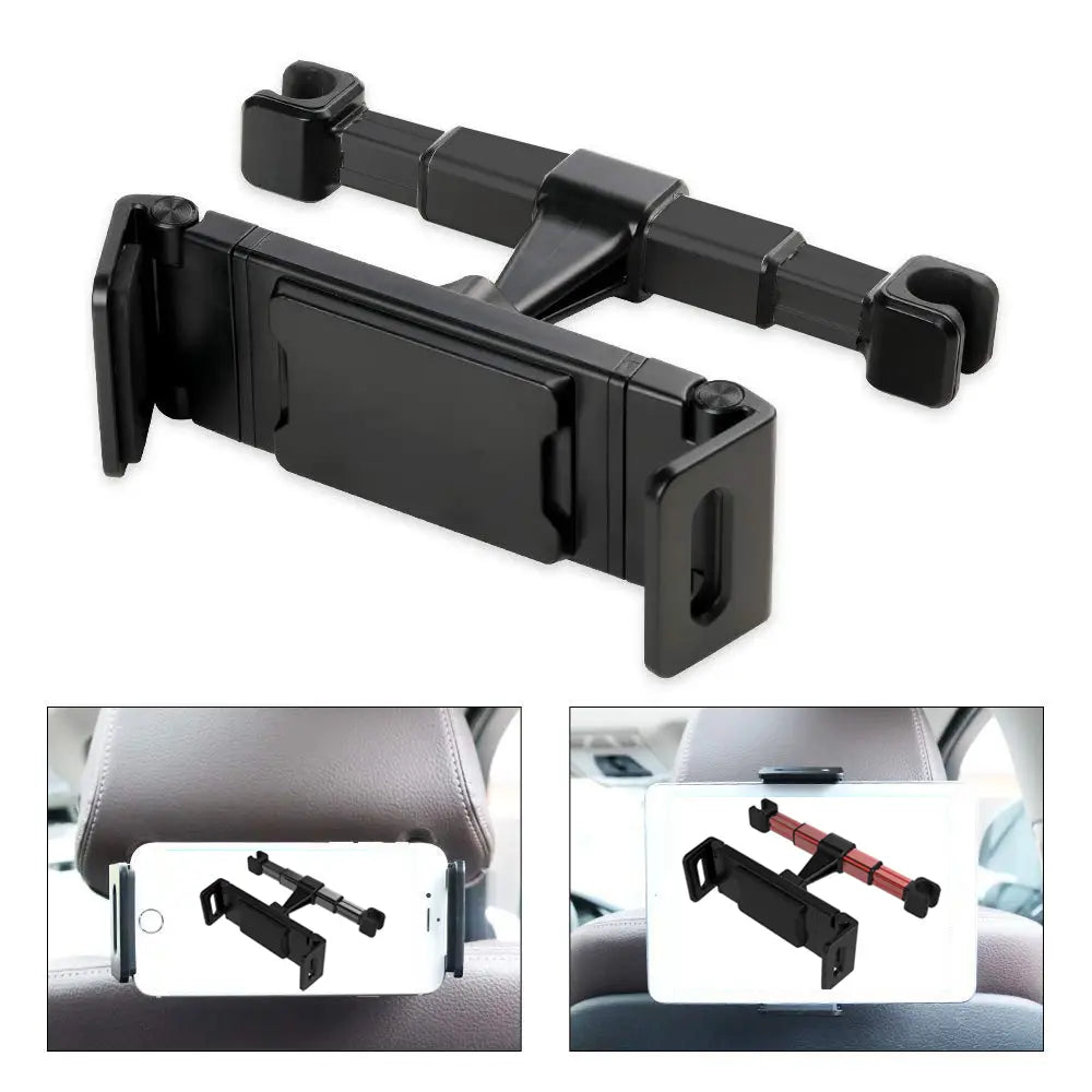 Schwarze Tablet-Kopfstützenhalterung aus Kunststoff für das Auto mit verstellbaren Armen und Clip-on-Enden für Geräte von 4,7 bis 13 Zoll.