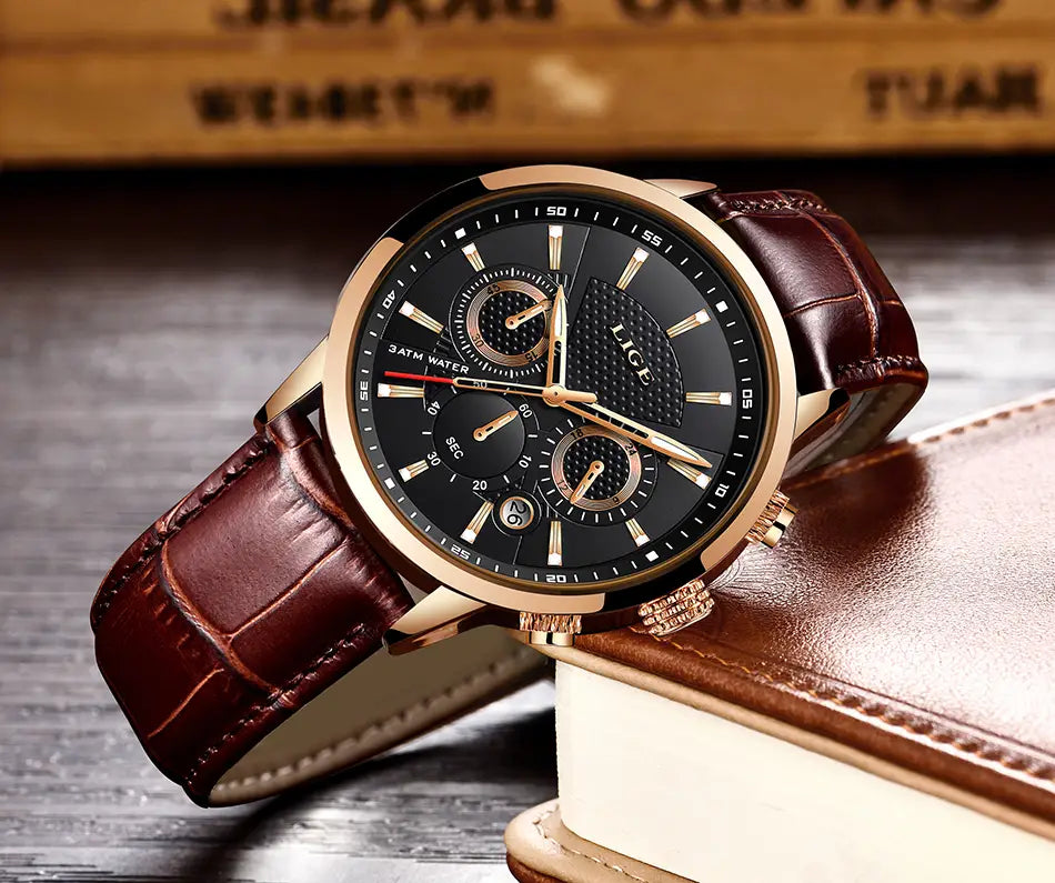 Lige men’s leather chronograph quartz watch featuring a sophisticated rose gold-tone case, black dial with three sub-dials, and a rich brown leather strap.